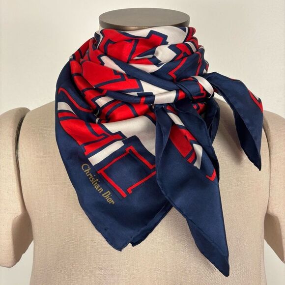 VTG Christian Dior Red White & Blue Silk Scarf Made in Italy - Picture 1 of 10